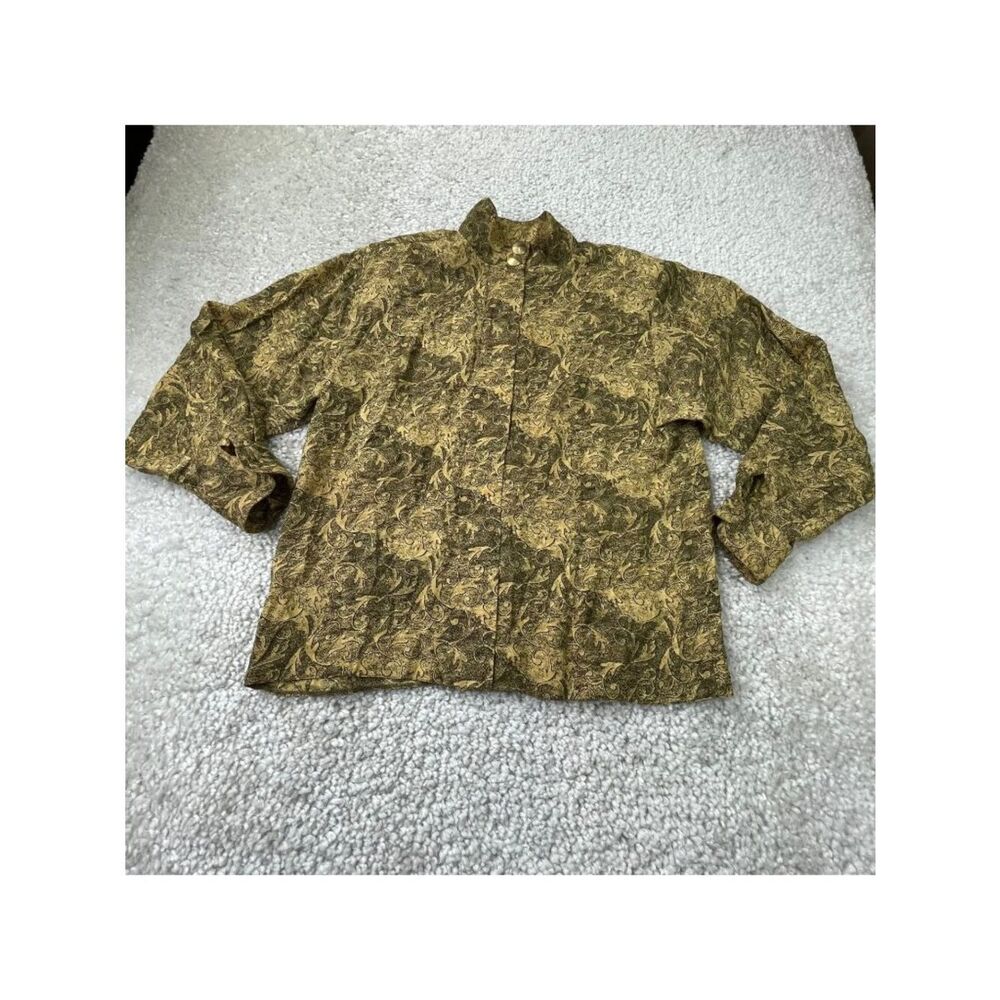 St. John Silk Button Front Mock Neck Gold Button Blouse Yellow Womens 8
